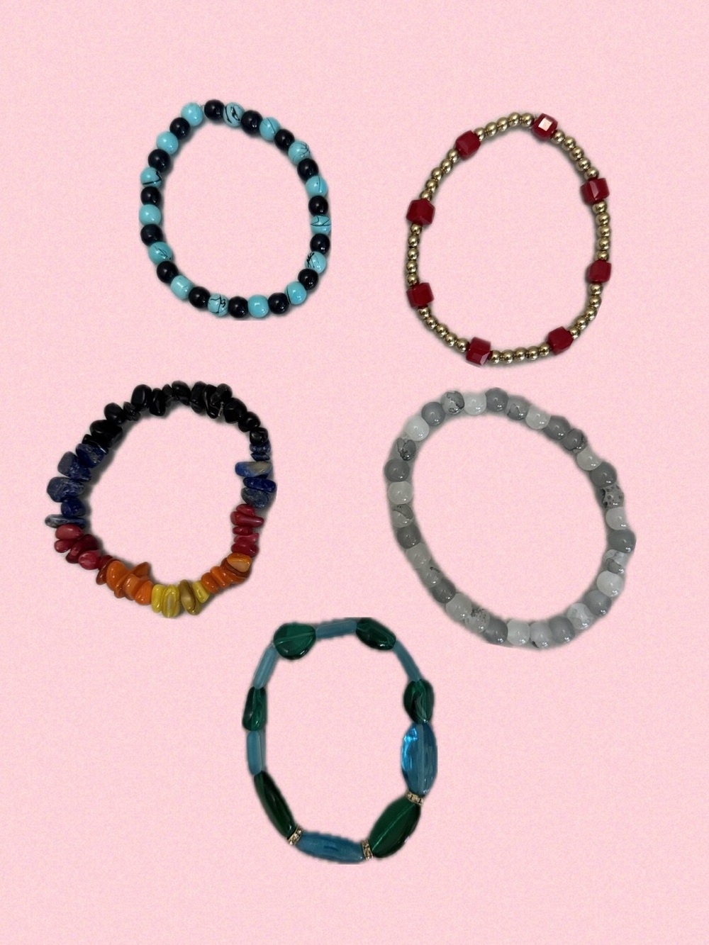 Multi-Beaded Bracelet  - Turquoise, Red, Rainbow, Gray, Green